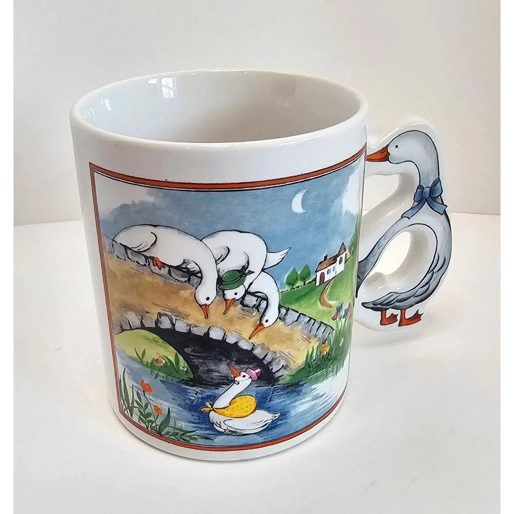 80s Country Geese Bridge Mug Sculpted Goose Handle Cottagecore Farmhouse Vintage